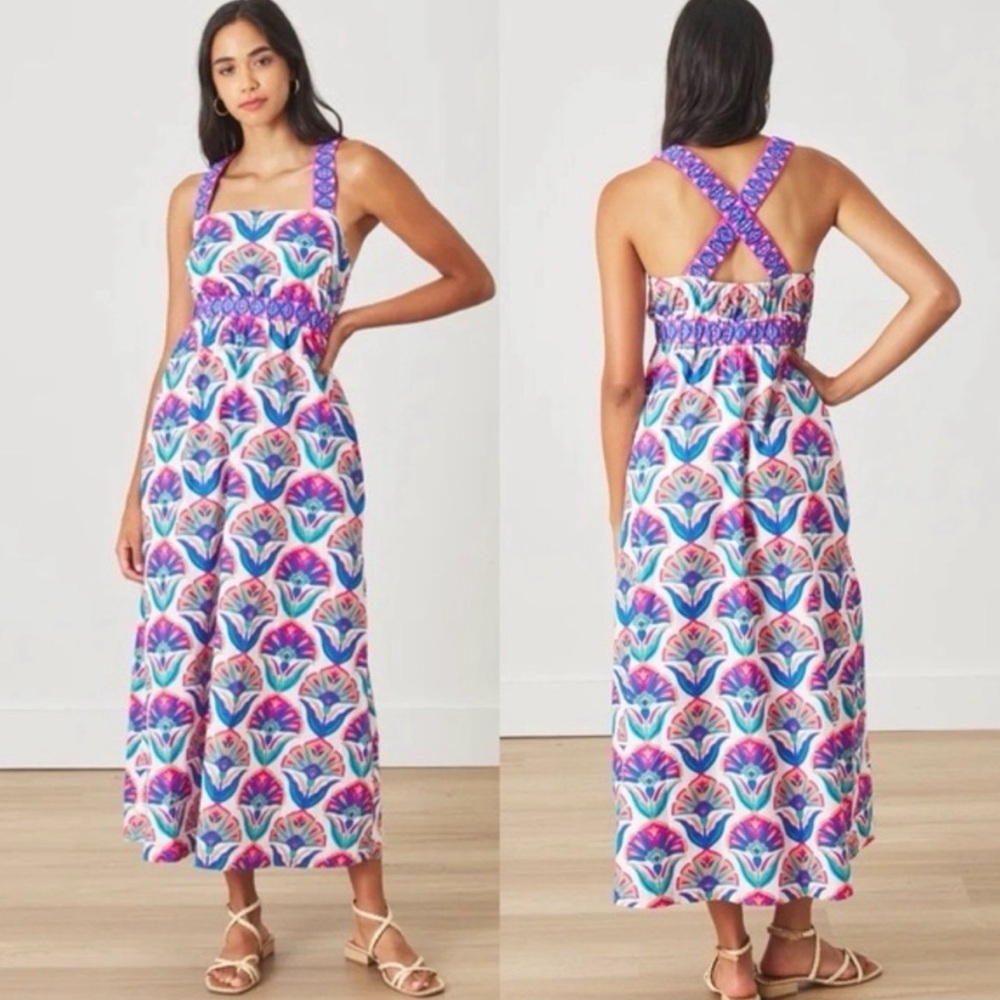 Printfresh Coastal Organic Cotton Midi Dress Geo Floral Fuschia​​​